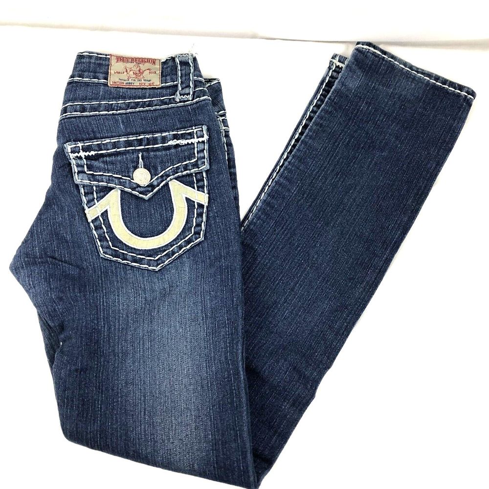 True Religion Women's Skinny Jeans in Dark Blue with Cream Pocket Accent